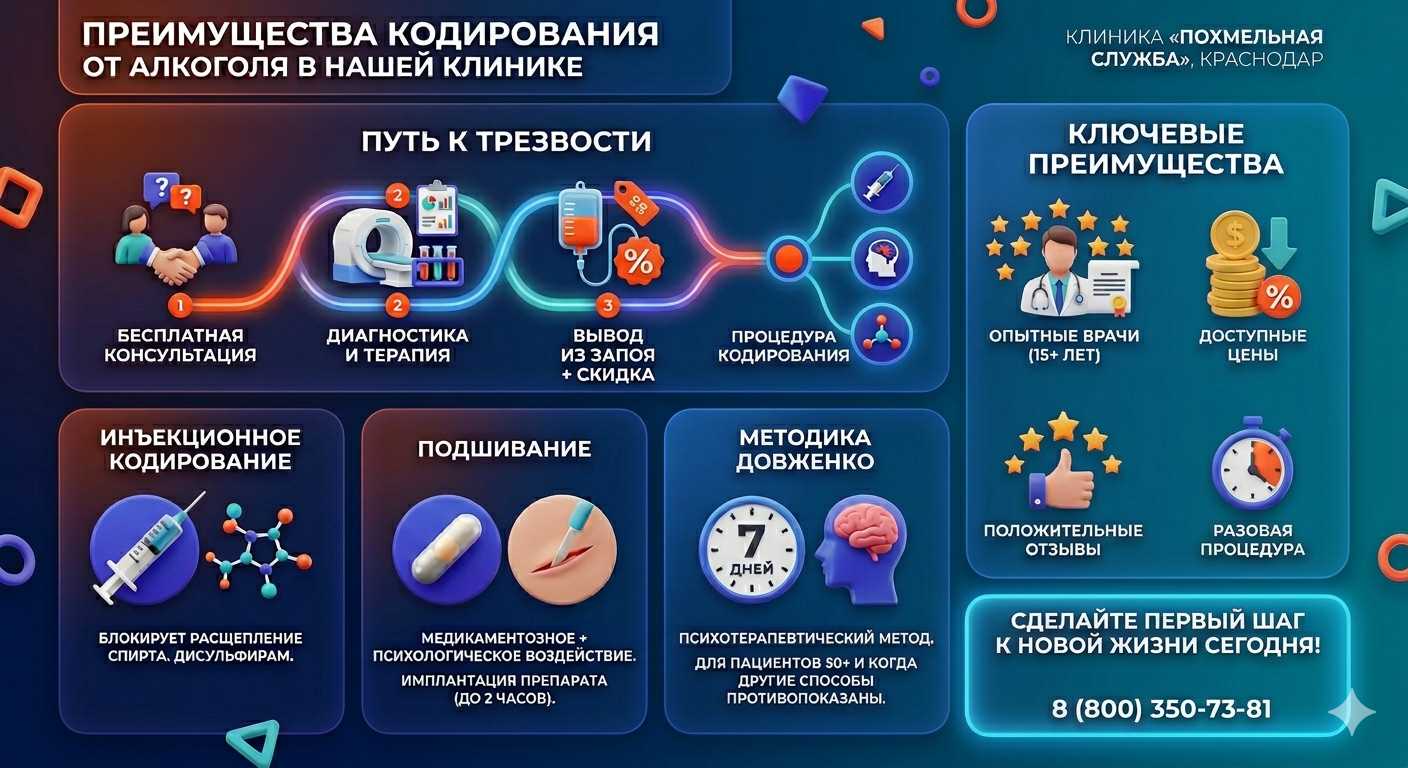 Инфографика о методах кодирования от алкоголя в Георгиевске: инъекции, подшивание, метод Довженко. Преимущества клиники и этапы лечения.