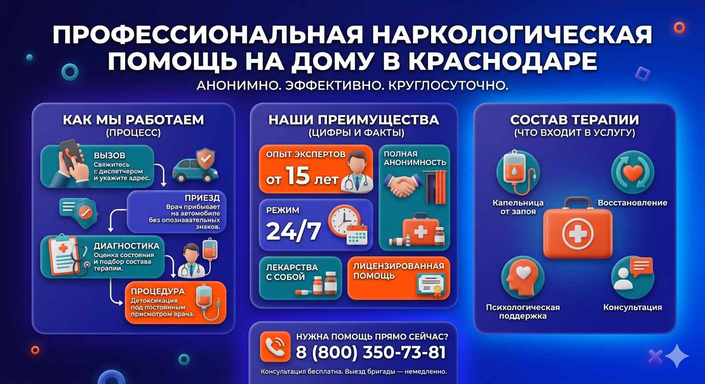Инфографика о принципах лечения алкоголизма на дому в Георгиевске: этапы вызова нарколога, преимущества анонимной детоксикации и состав медицинской помощи.
